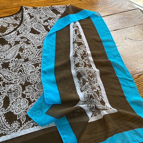 Talbots polyester sheer top, small/medium. Teal and brown floral. - Picture 5 of 6